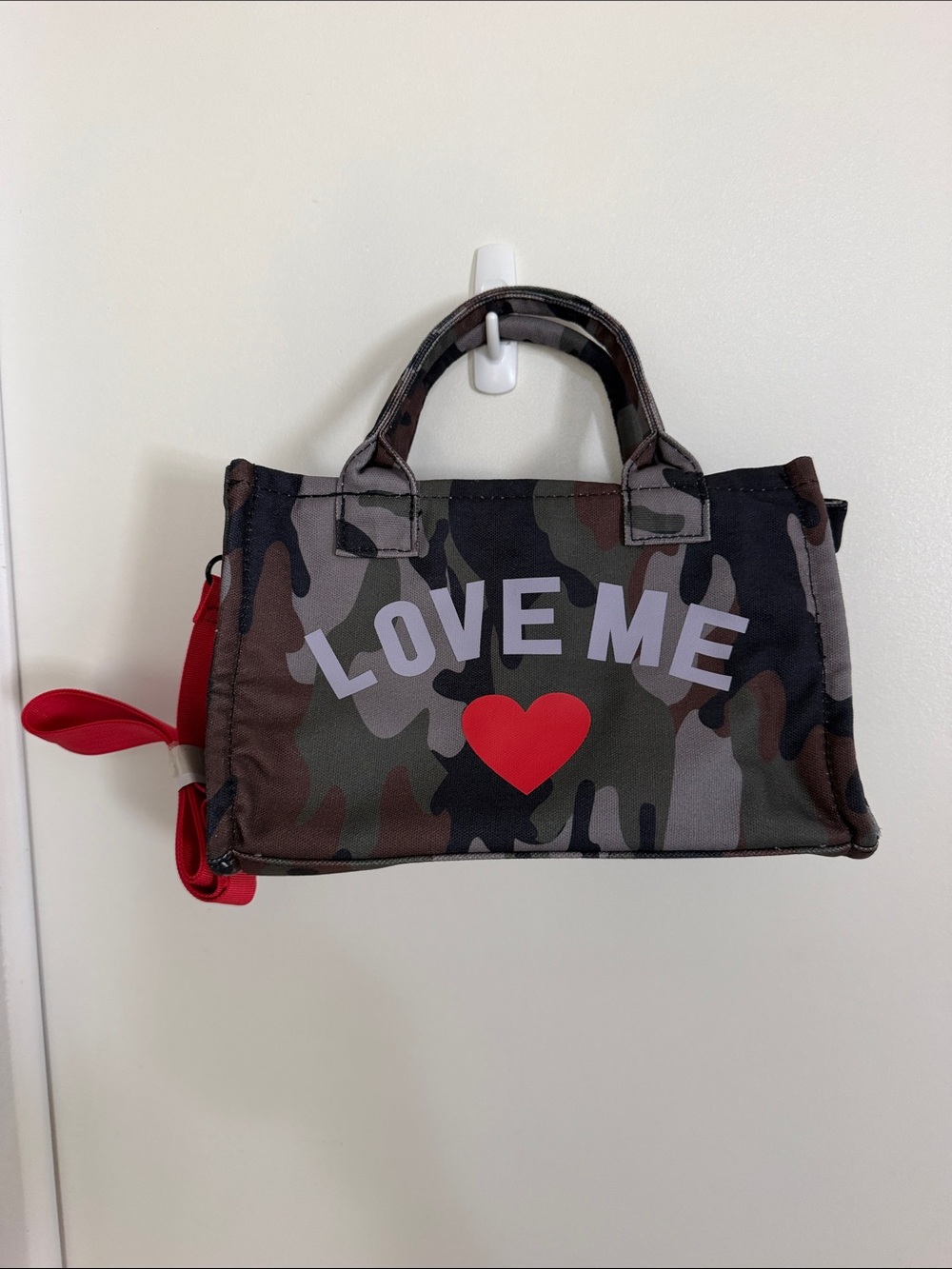NWT Camouflage 'Love Me' Tote Bag with Red Heart Accent